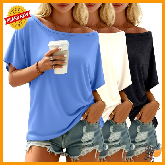 Off Shoulder Tunic Top Loose Fit Short Sleeve 3 Pack Summer Casual